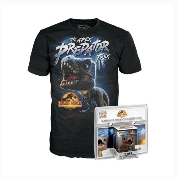 Funko Pop 2 Piece Set Jurassic World Rex Black Tee & Pocket Pop T Rex Youth S L - Picture 1 of 10